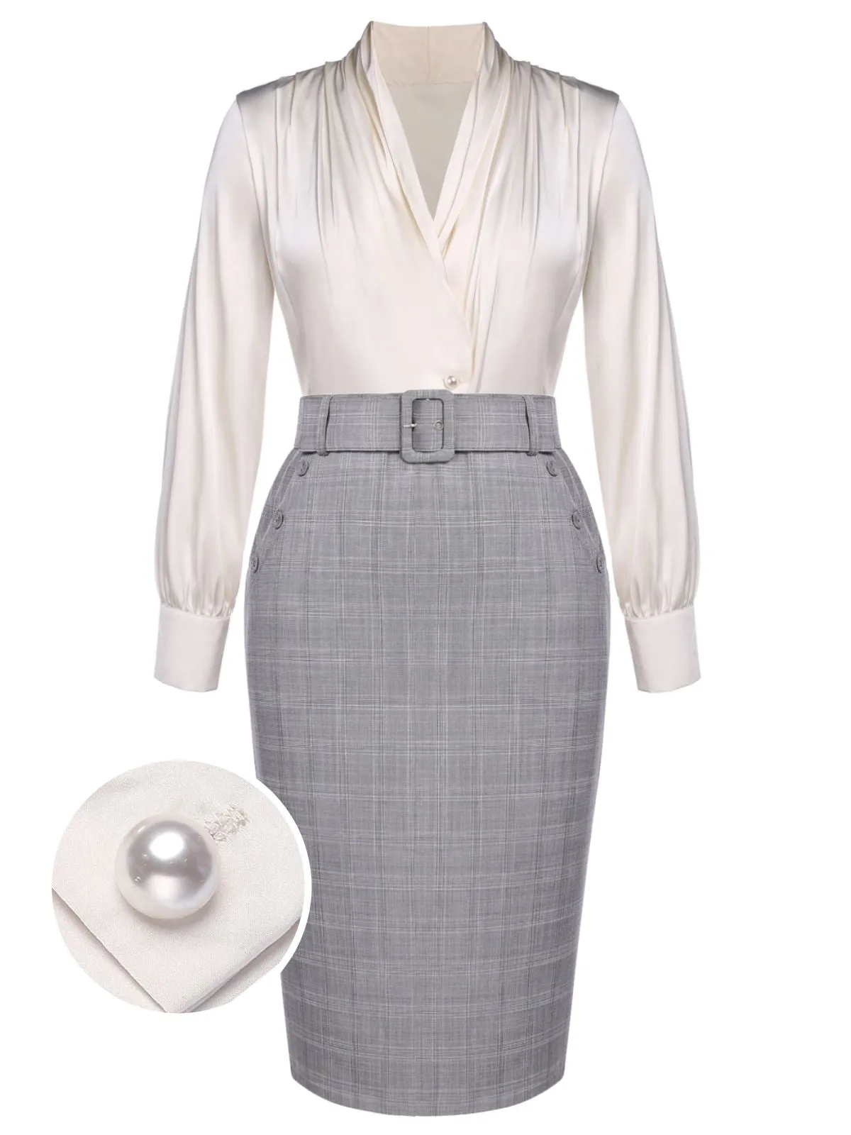 1960s Ivory Solid Blouse & Gray Retro Skirt