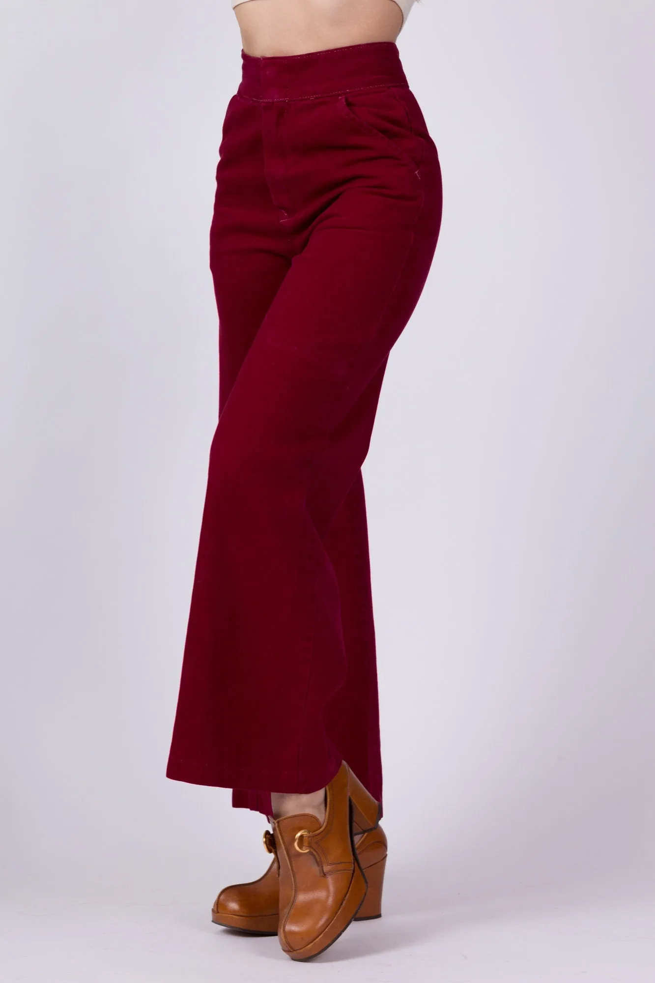 70s Wine Red High Waist Flared Cotton Twill Pants - Extra Small, 23"