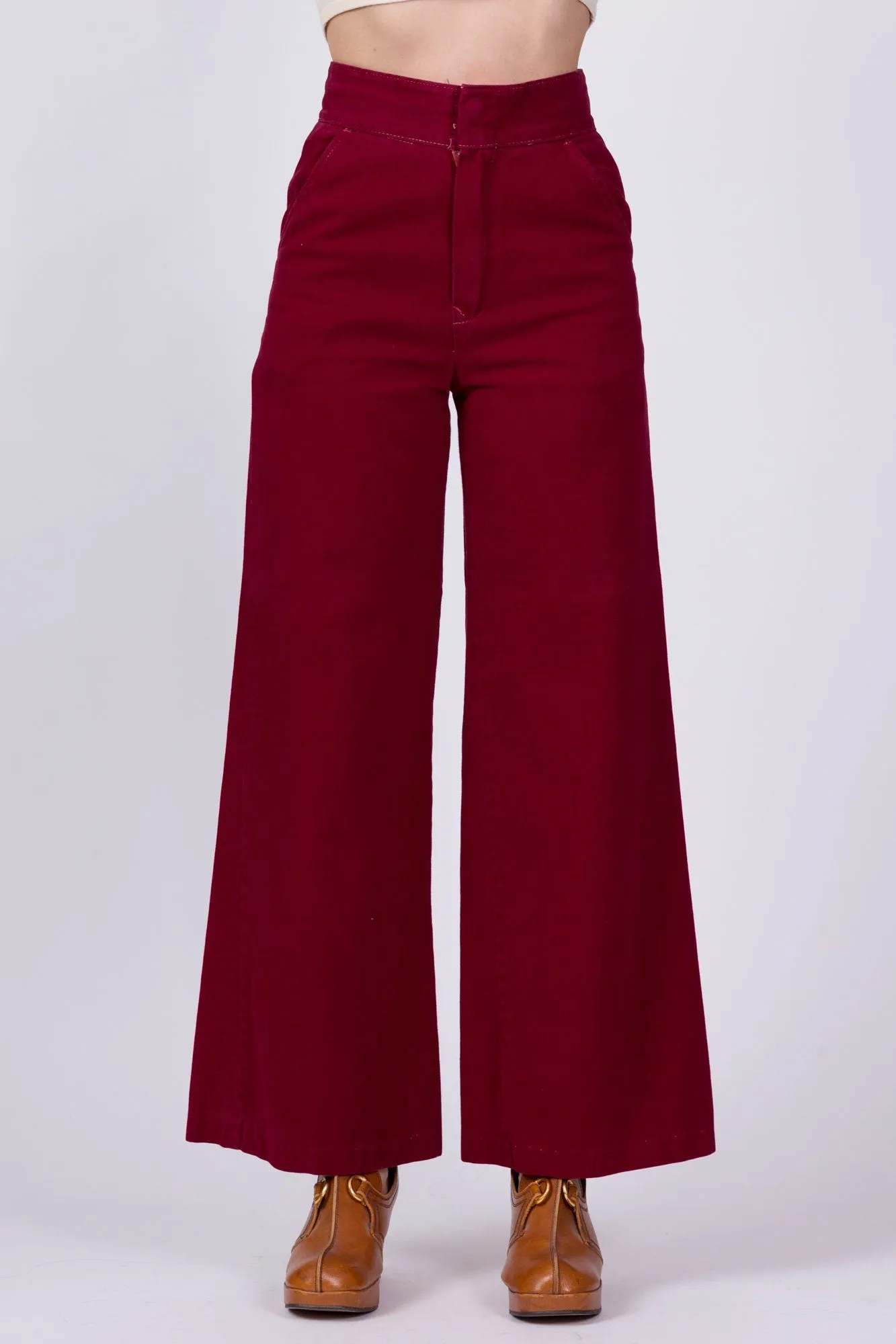 70s Wine Red High Waist Flared Cotton Twill Pants - Extra Small, 23"