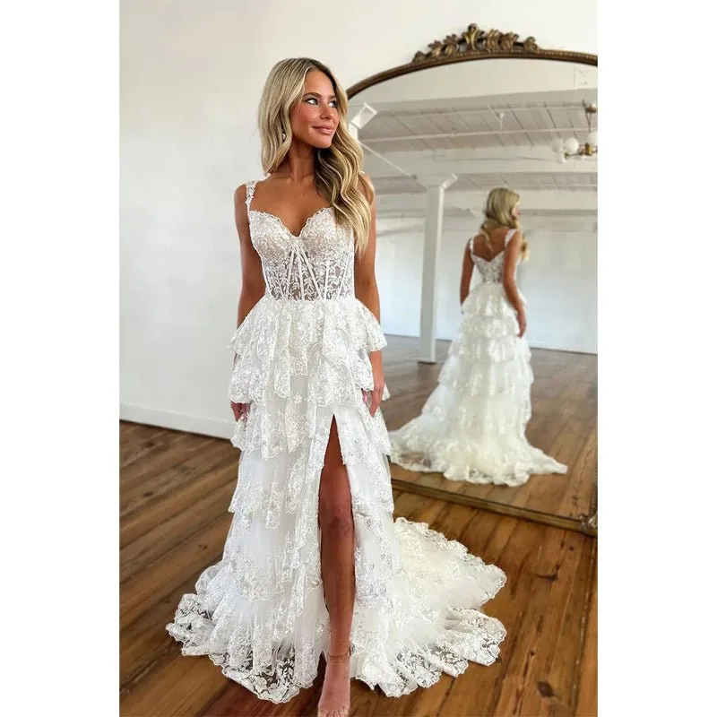 A Line Sweetheart Side Slit Lace Cute Senior Prom Dress