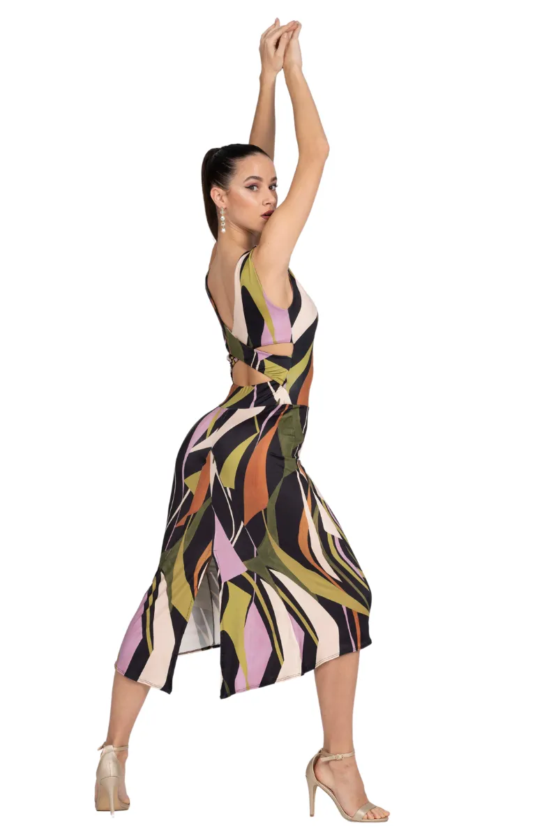 Abstract Print Crisscross Back Tango Dress With Center Back Slit