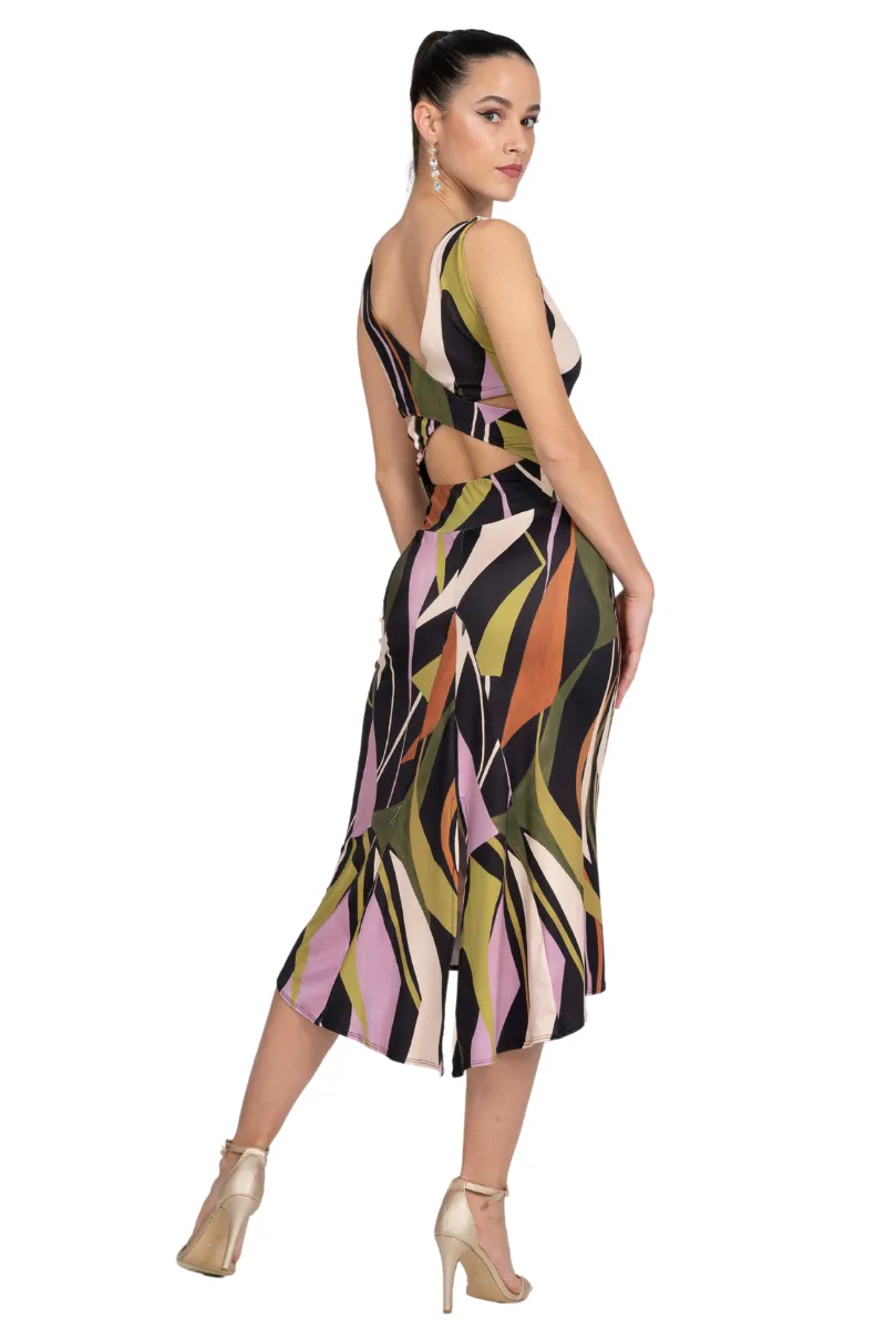 Abstract Print Crisscross Back Tango Dress With Center Back Slit