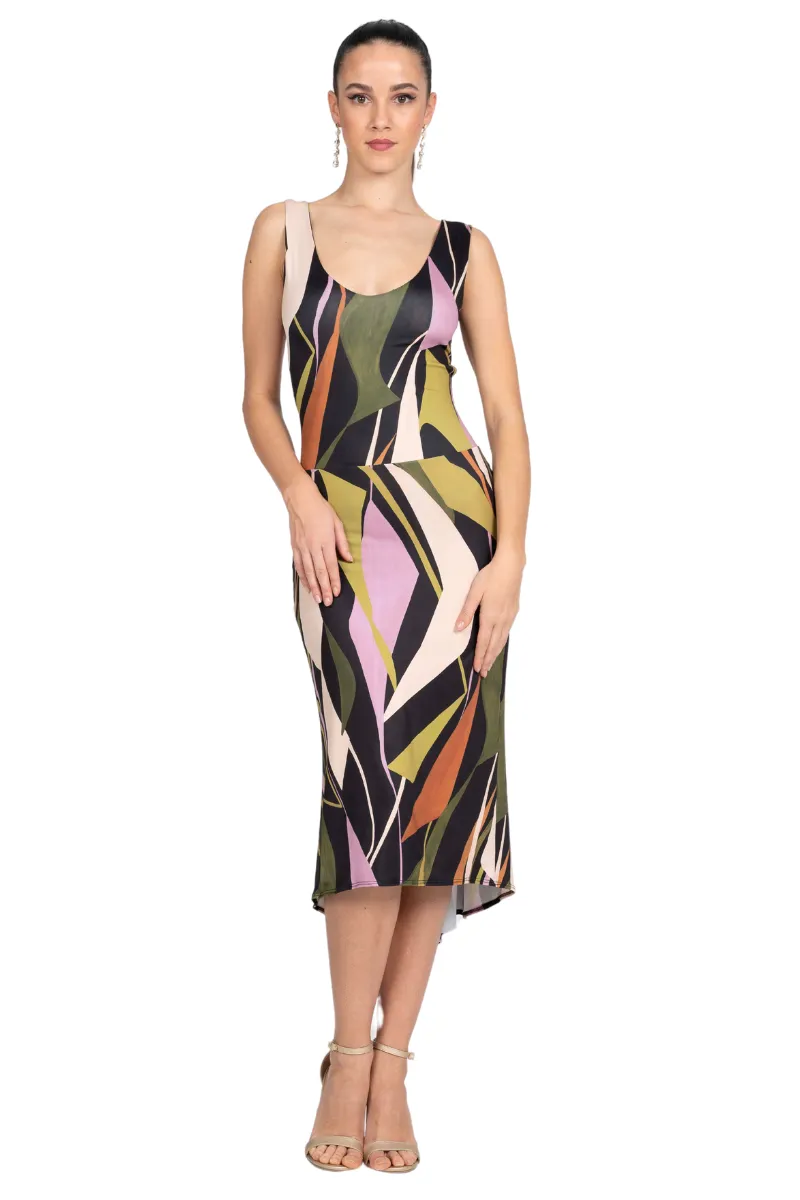 Abstract Print Crisscross Back Tango Dress With Center Back Slit