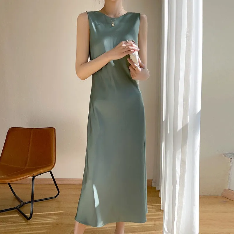 Acetate Satin Silky Dress Summer Elegant Slim Solid Midi Dress