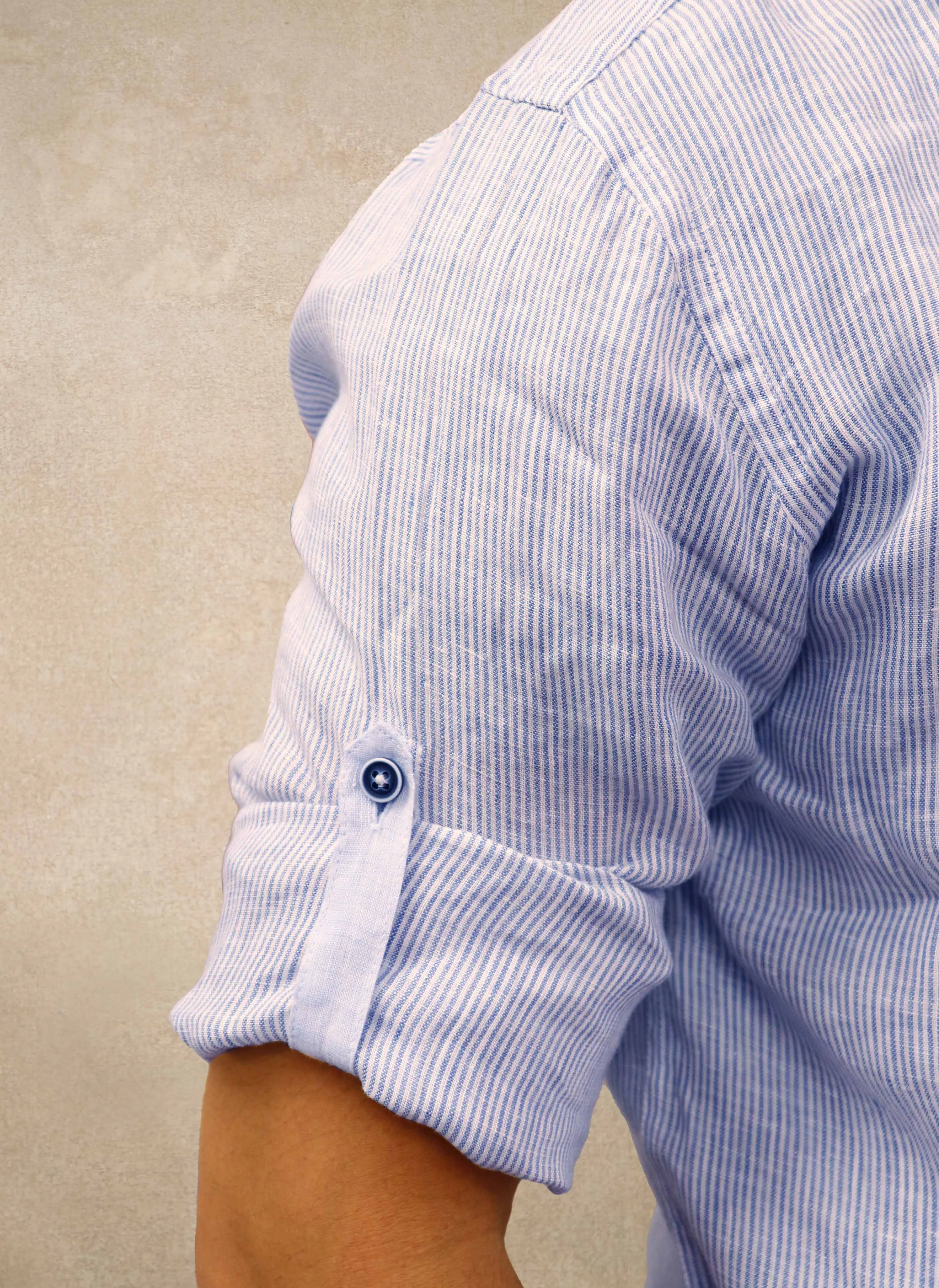 Alexander in Navy Linen Stripe, Featuring Custom Roll-up Cuff