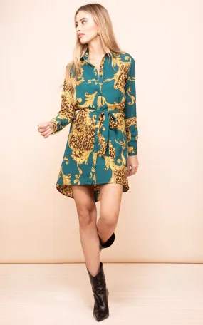 Amaris Mini Shirt Dress in Green Baroque