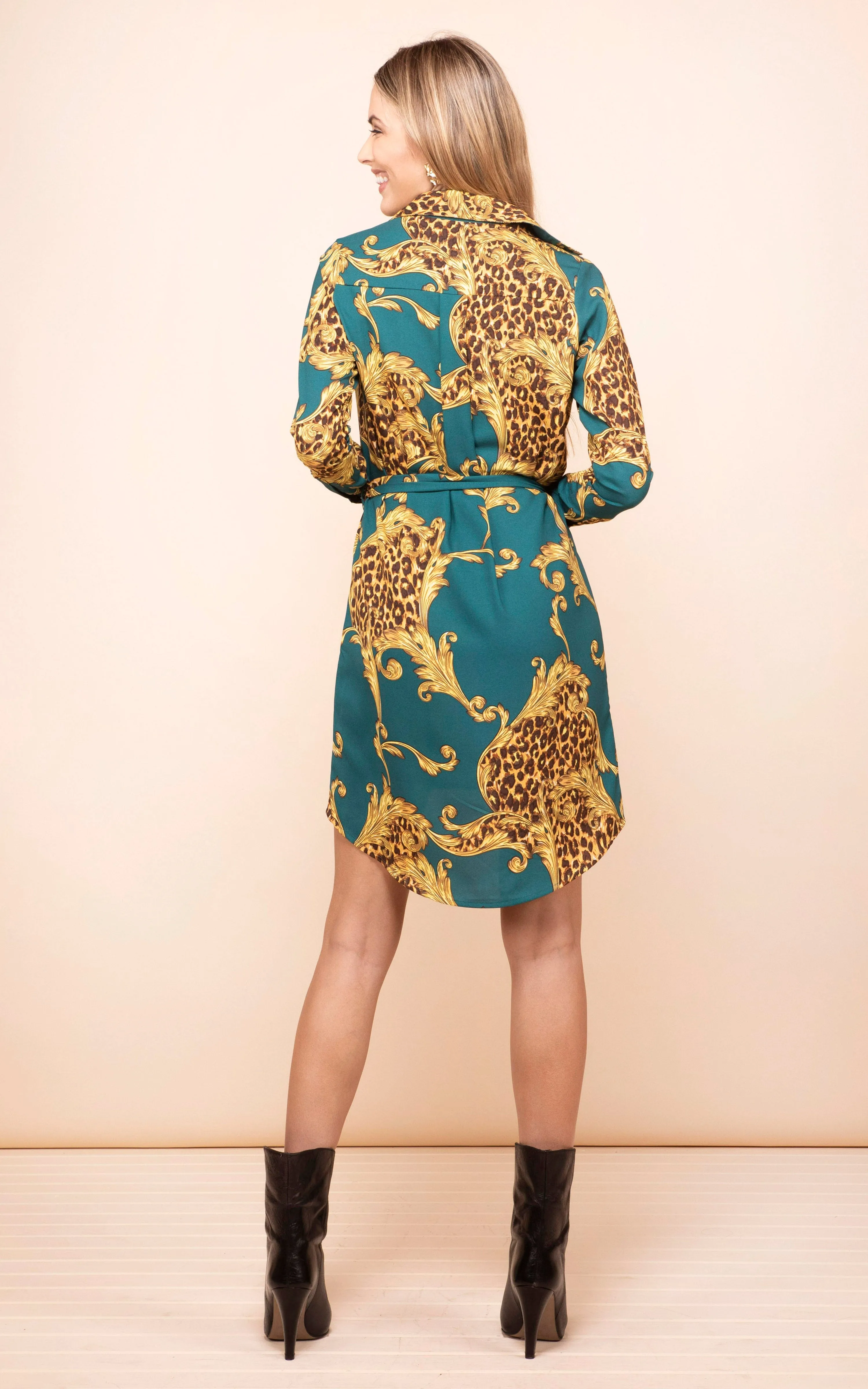 Amaris Mini Shirt Dress in Green Baroque