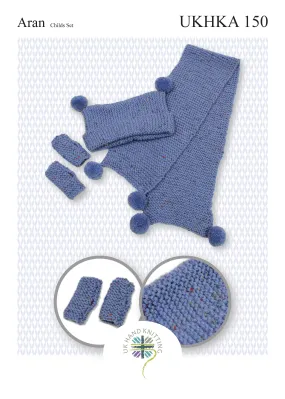 Aran Knitting Pattern Blue Colour Child Scarf Hat Mittens 5 To 14 Years