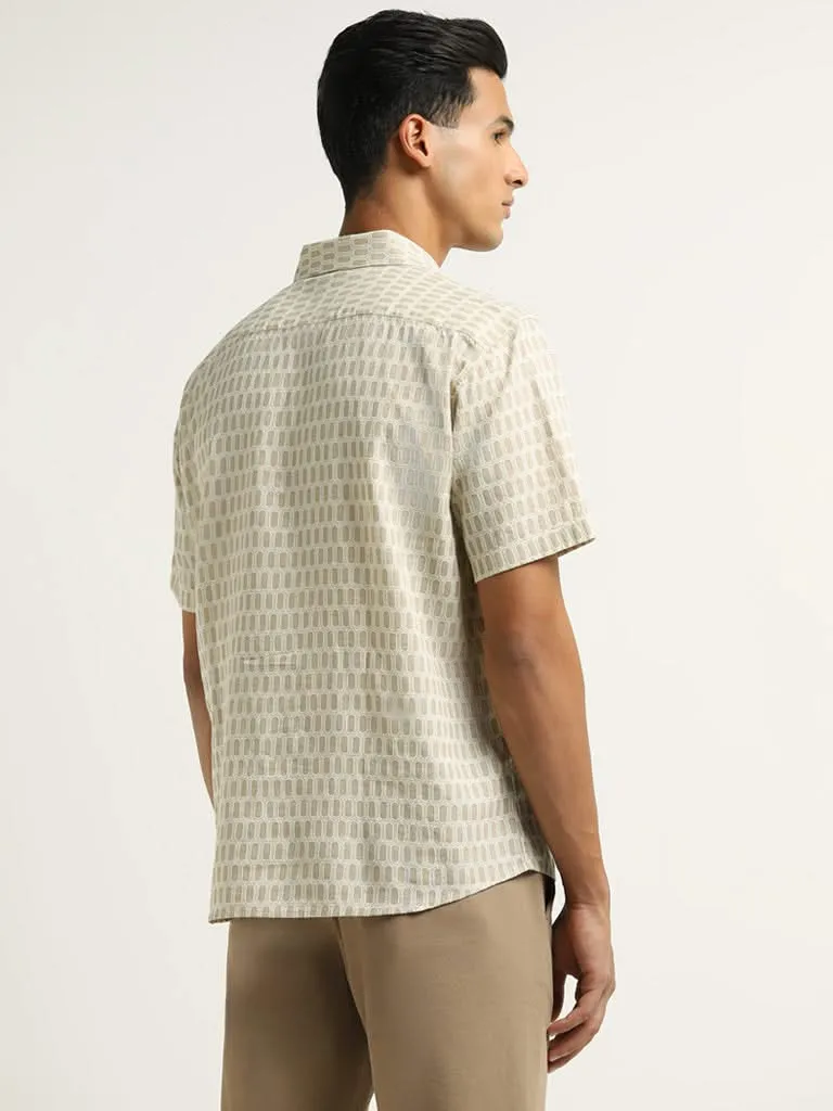 Ascot Beige Printed Relaxed Fit Blended Linen Shirt