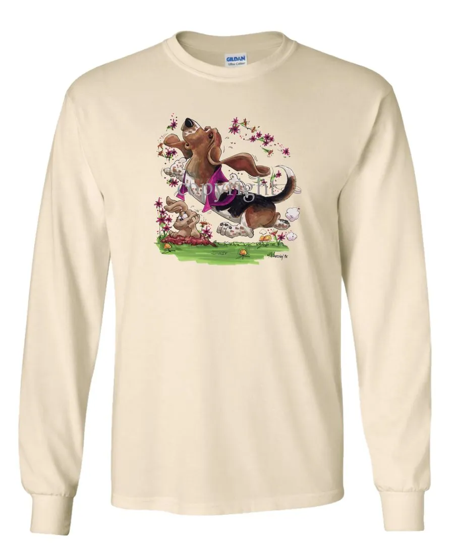 Basset Hound - Purple Vest Dancing In Flowers - Caricature - Long Sleeve T-Shirt