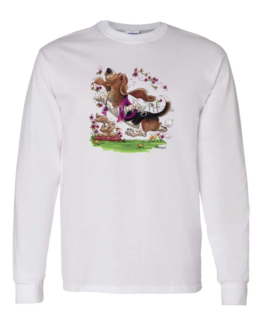 Basset Hound - Purple Vest Dancing In Flowers - Caricature - Long Sleeve T-Shirt