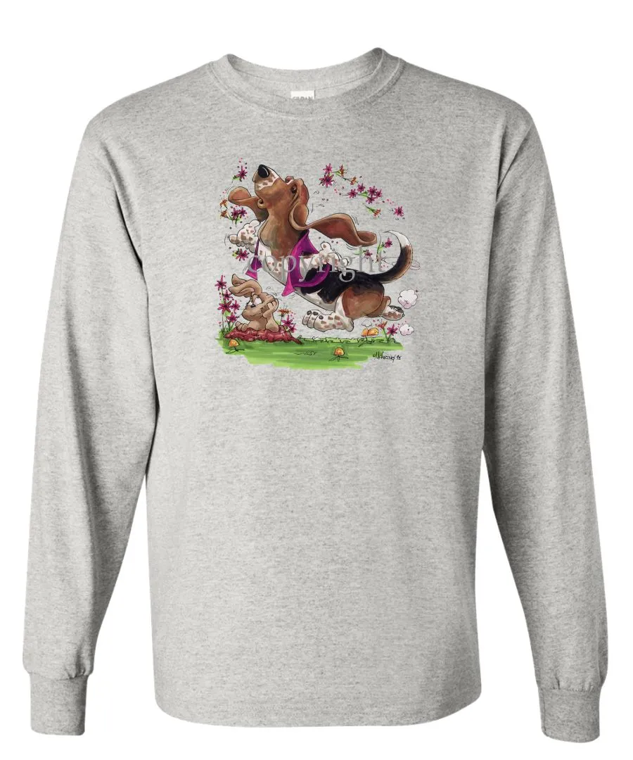 Basset Hound - Purple Vest Dancing In Flowers - Caricature - Long Sleeve T-Shirt