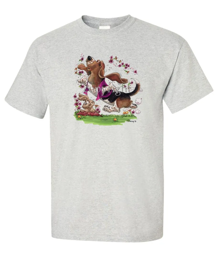 Basset Hound - Purple Vest Dancing In Flowers - Caricature - T-Shirt