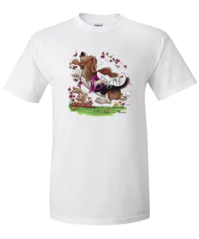 Basset Hound - Purple Vest Dancing In Flowers - Caricature - T-Shirt