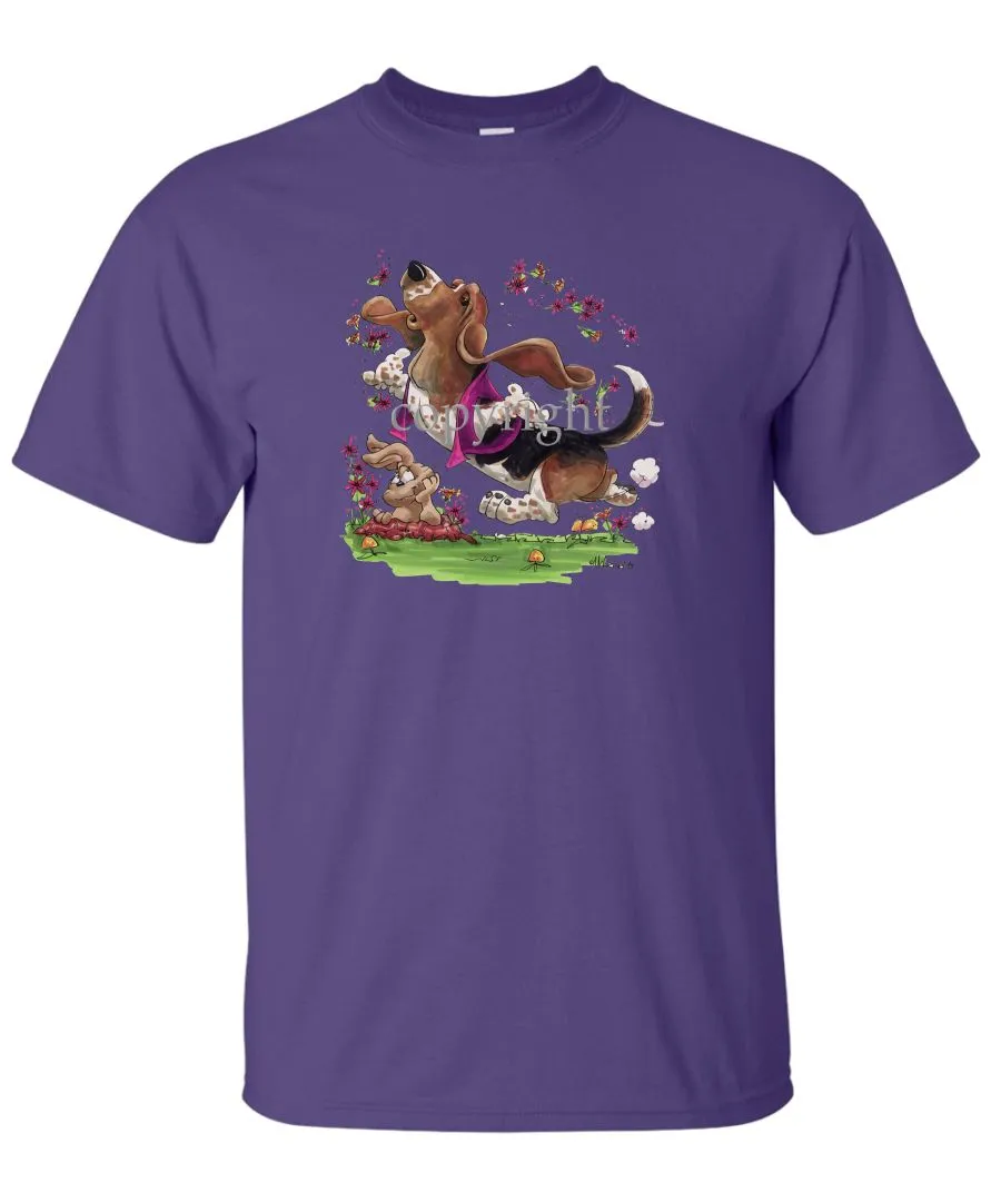 Basset Hound - Purple Vest Dancing In Flowers - Caricature - T-Shirt