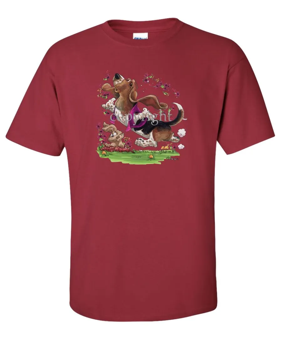 Basset Hound - Purple Vest Dancing In Flowers - Caricature - T-Shirt