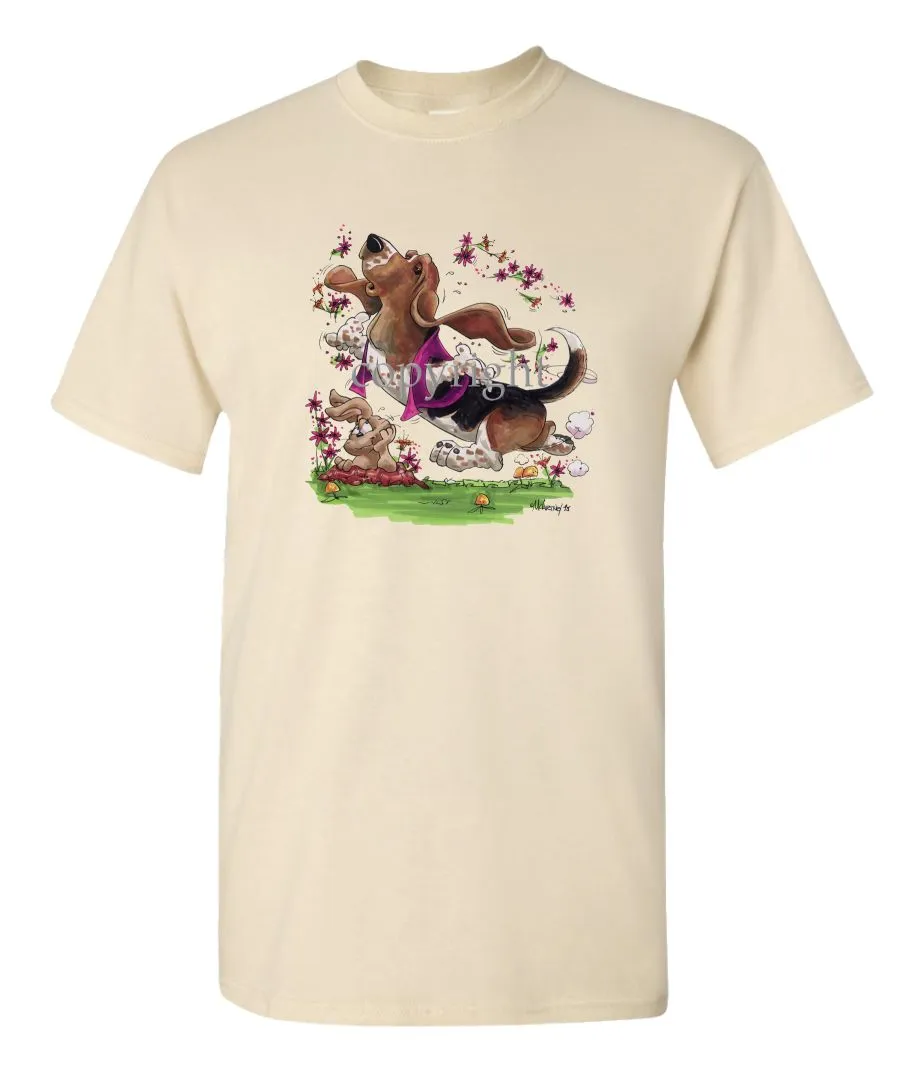 Basset Hound - Purple Vest Dancing In Flowers - Caricature - T-Shirt