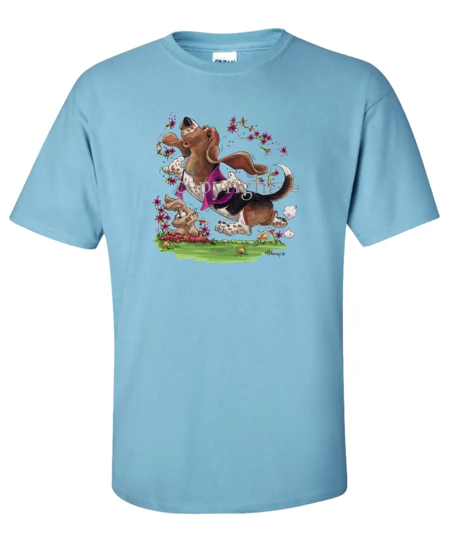 Basset Hound - Purple Vest Dancing In Flowers - Caricature - T-Shirt