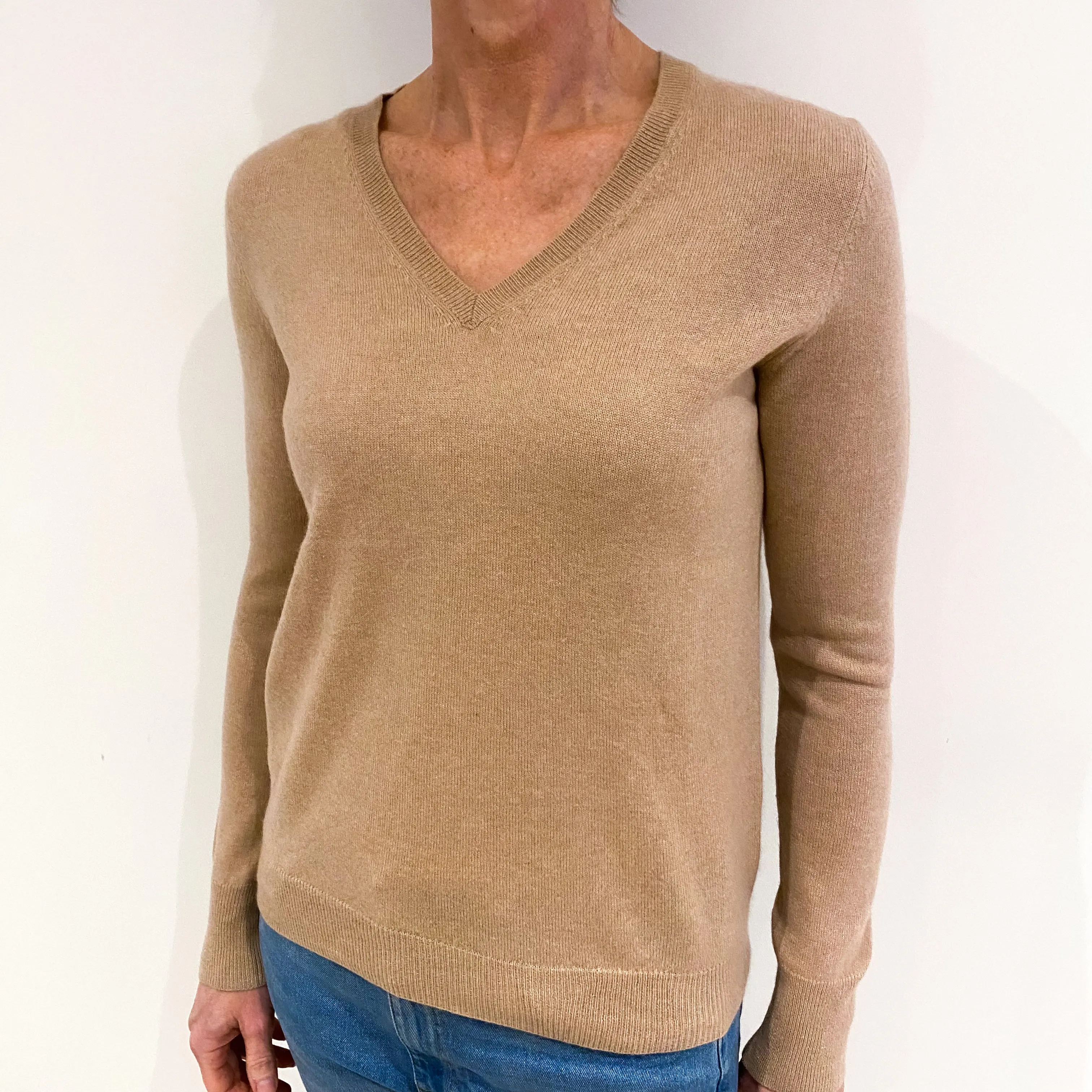 Beige Pink Cashmere V Neck Jumper Small