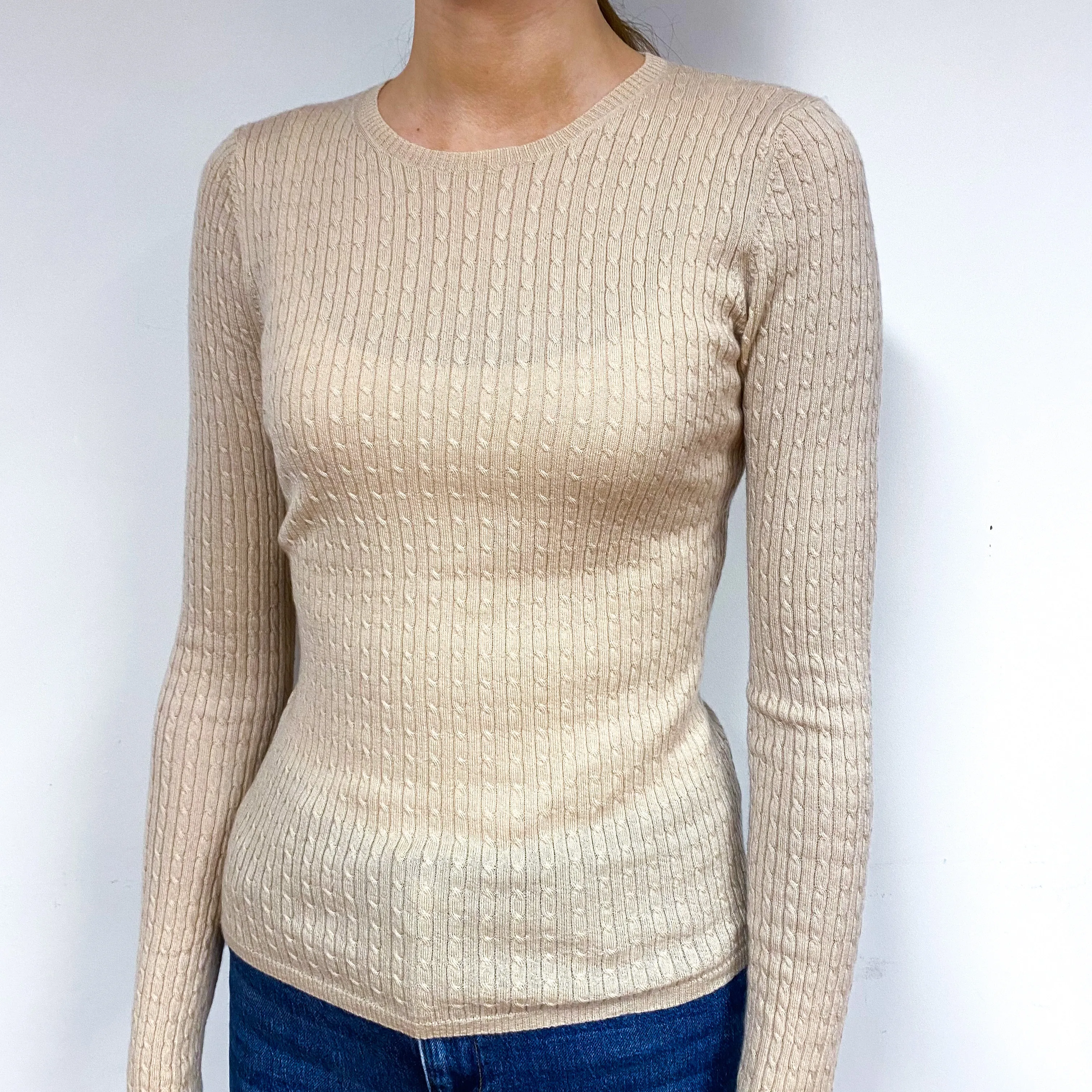 Beige Skinny Cable Cashmere Crew Neck Jumper Extra Small