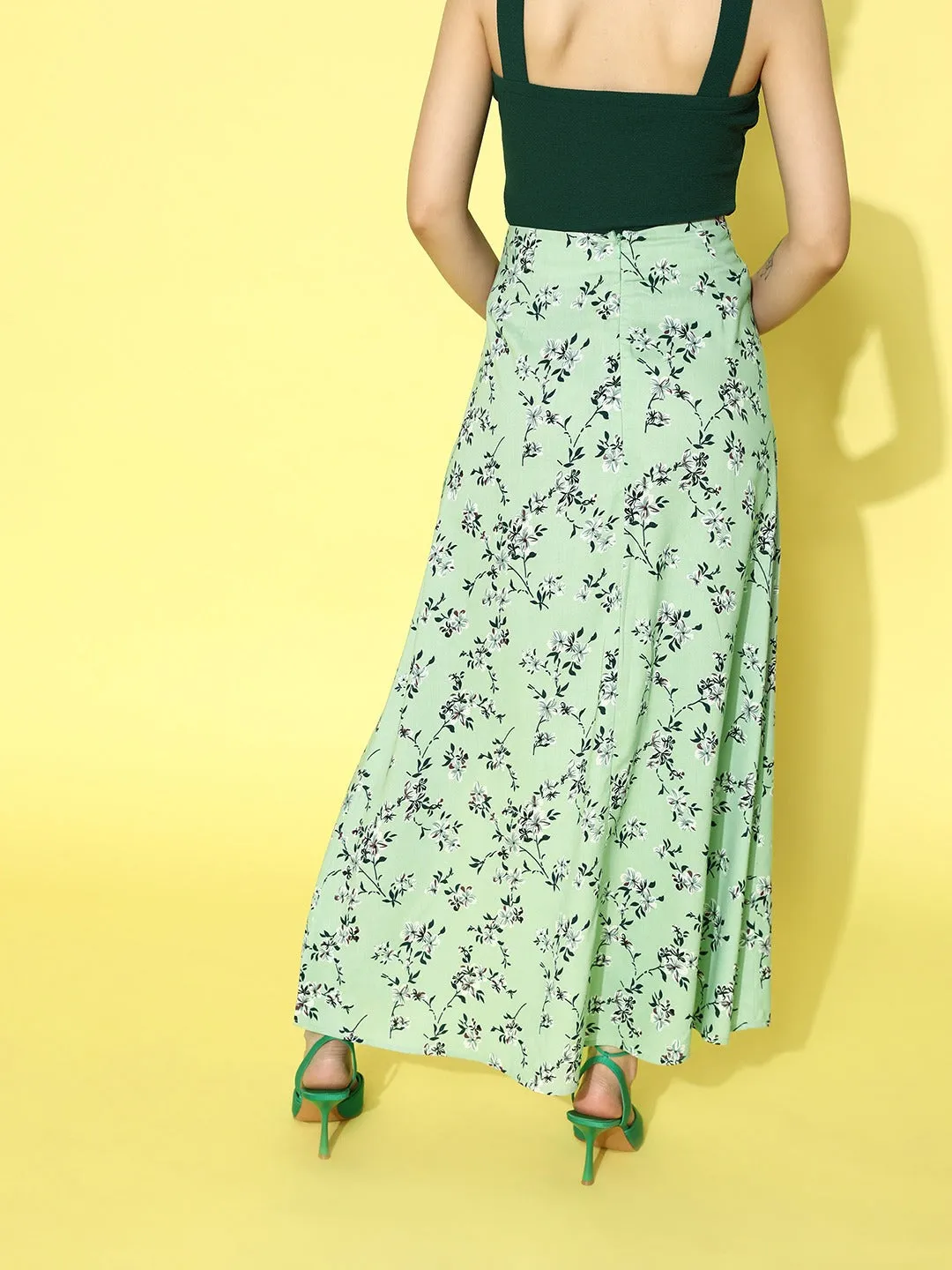 Berrylush Women Green & White Floral Printed High-Rise Side-Slit Flared A-Line Maxi Skirt