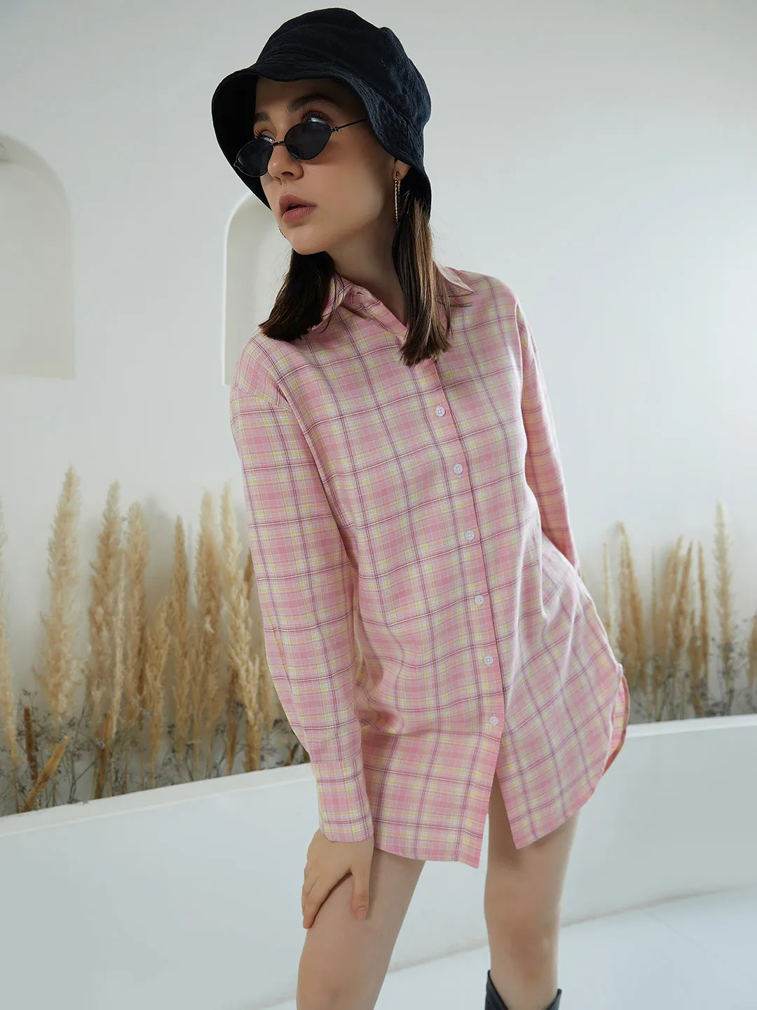 Berrylush Women Pink & White Checked Pattern Collar Neck Crepe Button-Up High-Low Shirt Style Mini Dress