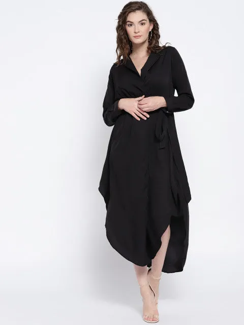 Berrylush Women Solid Black Shirt Collar Neck Waist Tie-Up Empire Midi Dress