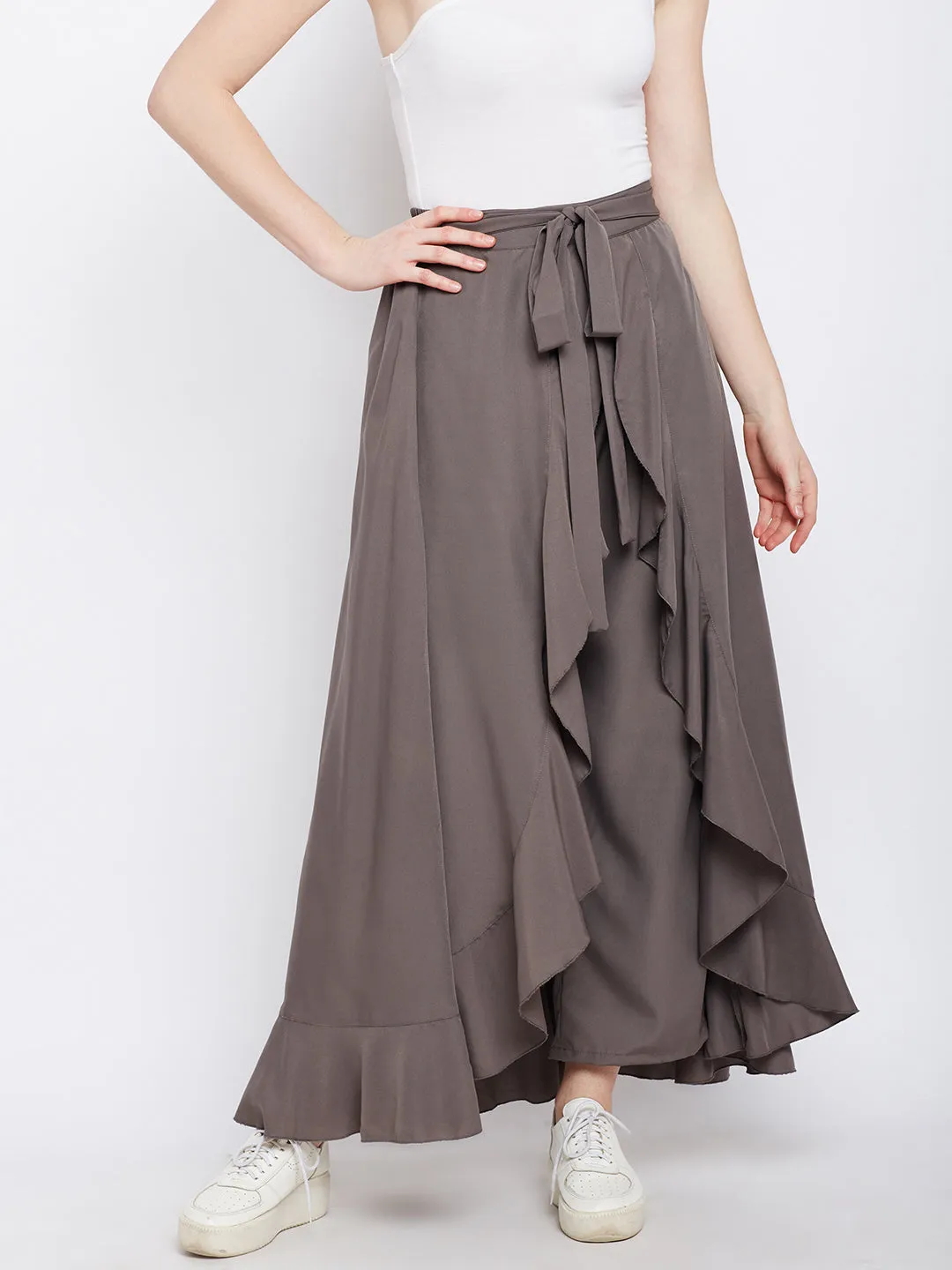 Berrylush Women Solid Grey Waist Tie-Up Ruffled Maxi Skirt with Attached Trousers