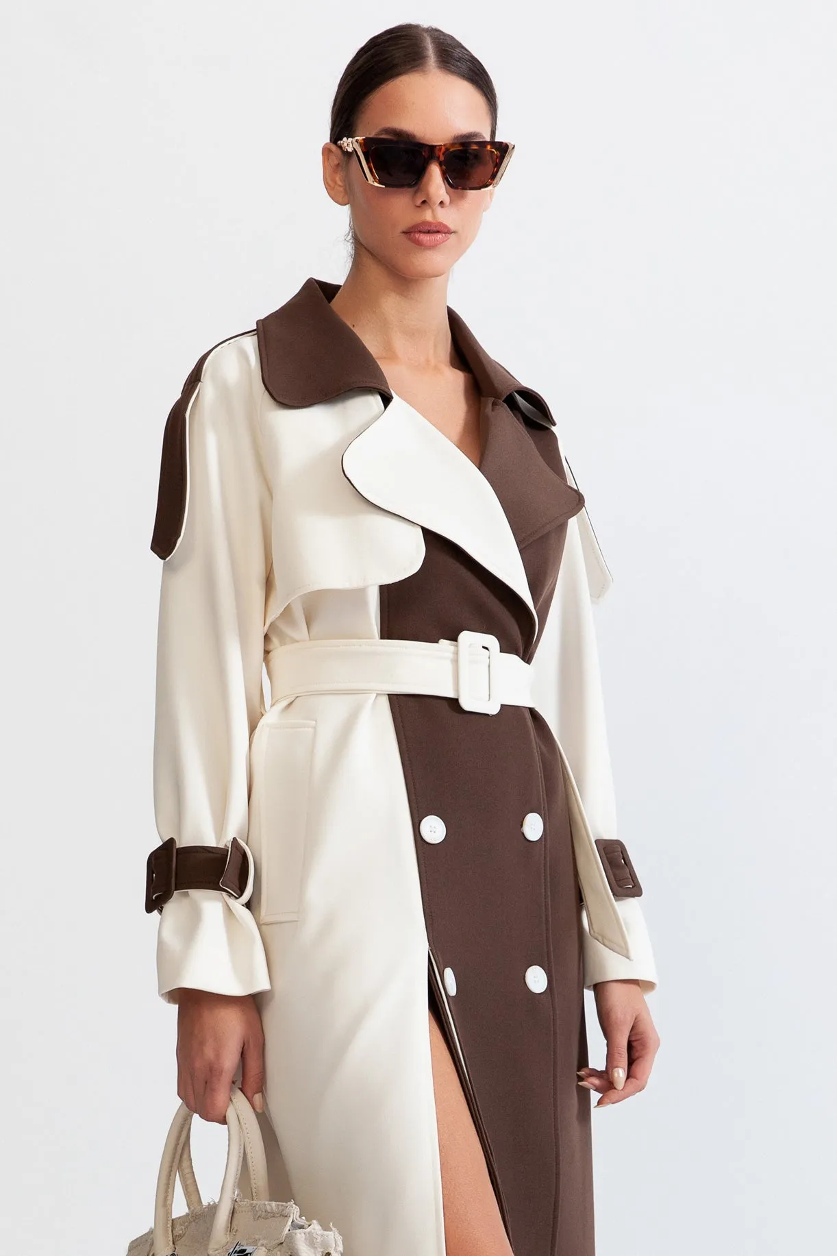 Bicolor Double Breasted Trench Coat - Cream&Brown