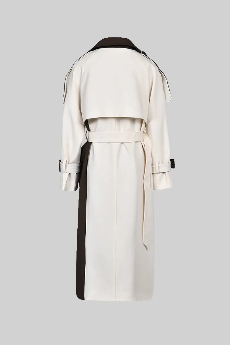 Bicolor Double Breasted Trench Coat - Cream&Brown