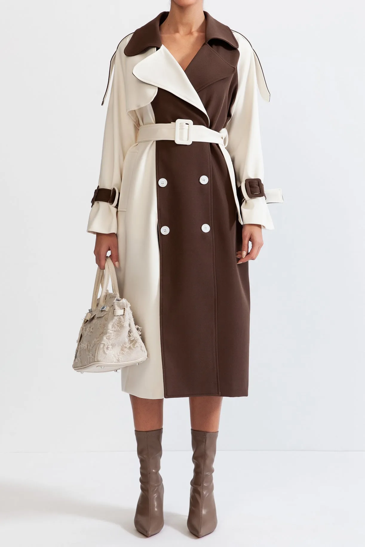 Bicolor Double Breasted Trench Coat - Cream&Brown