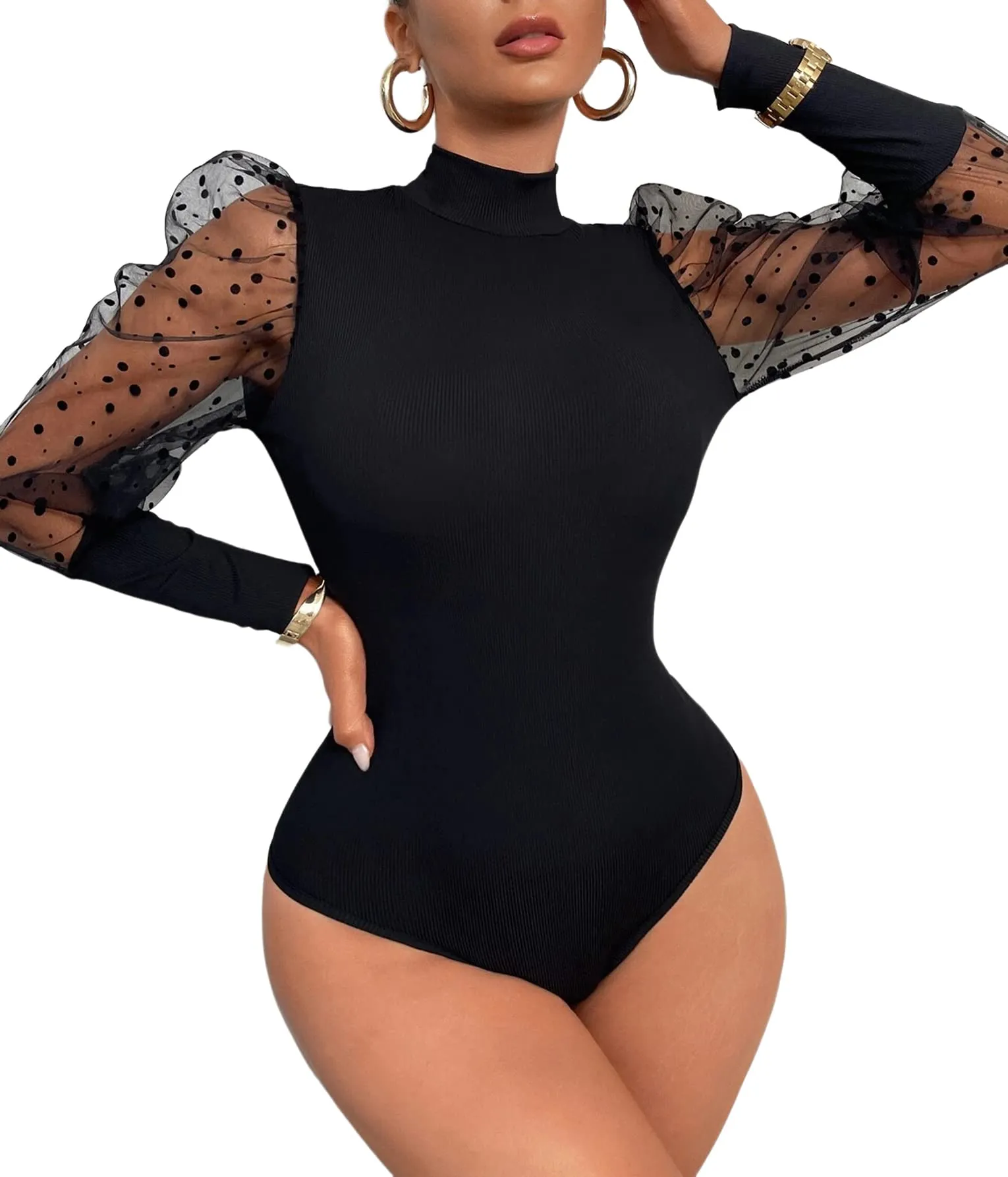 Black Black Knit Balloon Sleeve Bodysuit