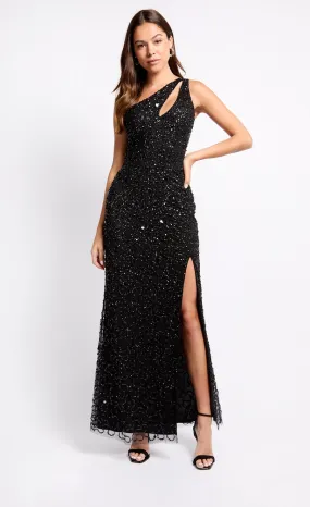 Black Embellished One-Shoulder Maxi Dress