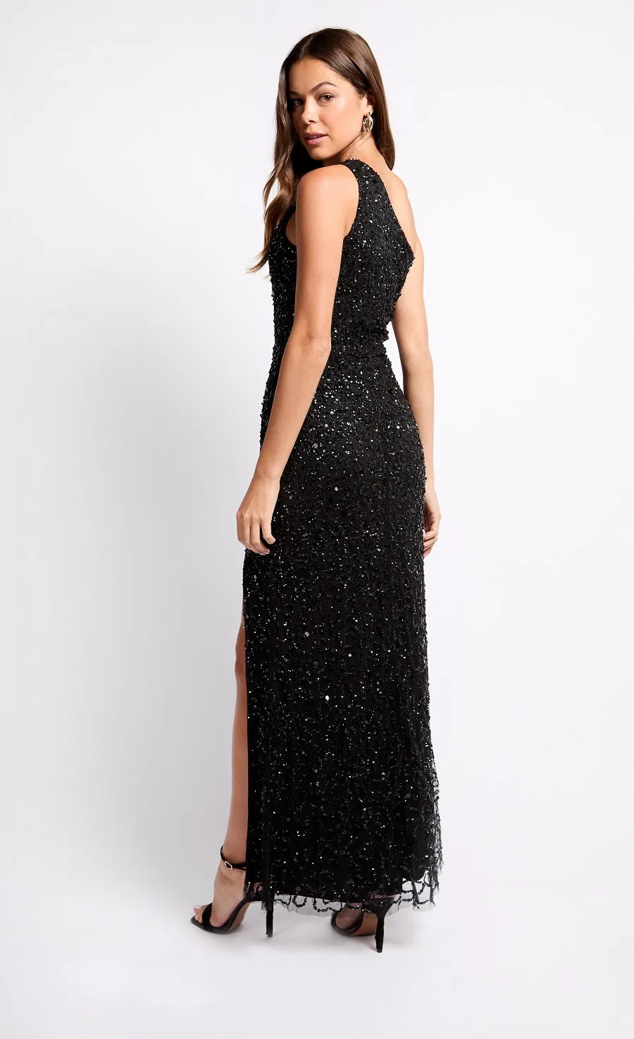 Black Embellished One-Shoulder Maxi Dress