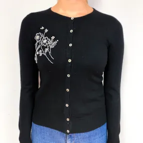 Black Floral Bead Cashmere Crew Neck Cardigan Small