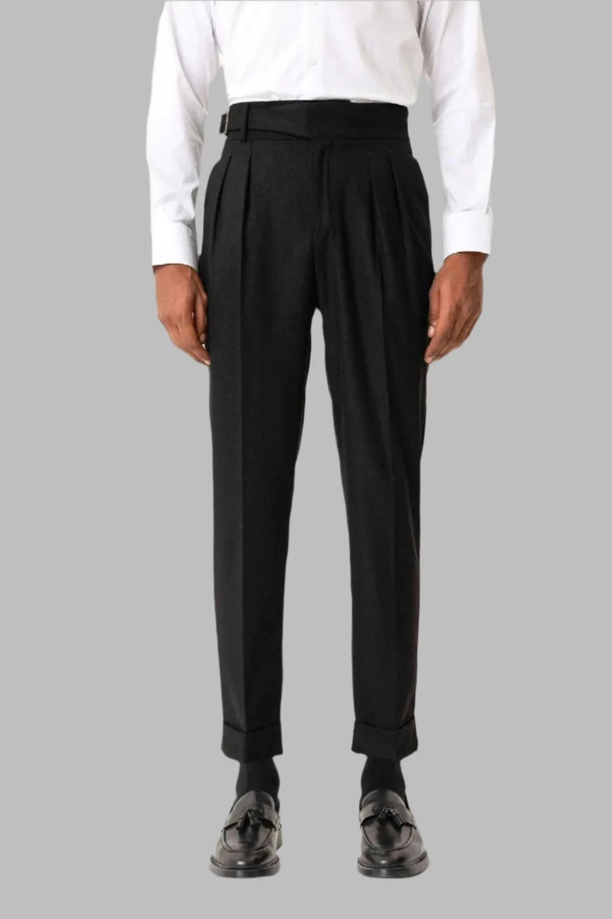 Black Pleated Men's Trousers with Buckle Detail - Wessi