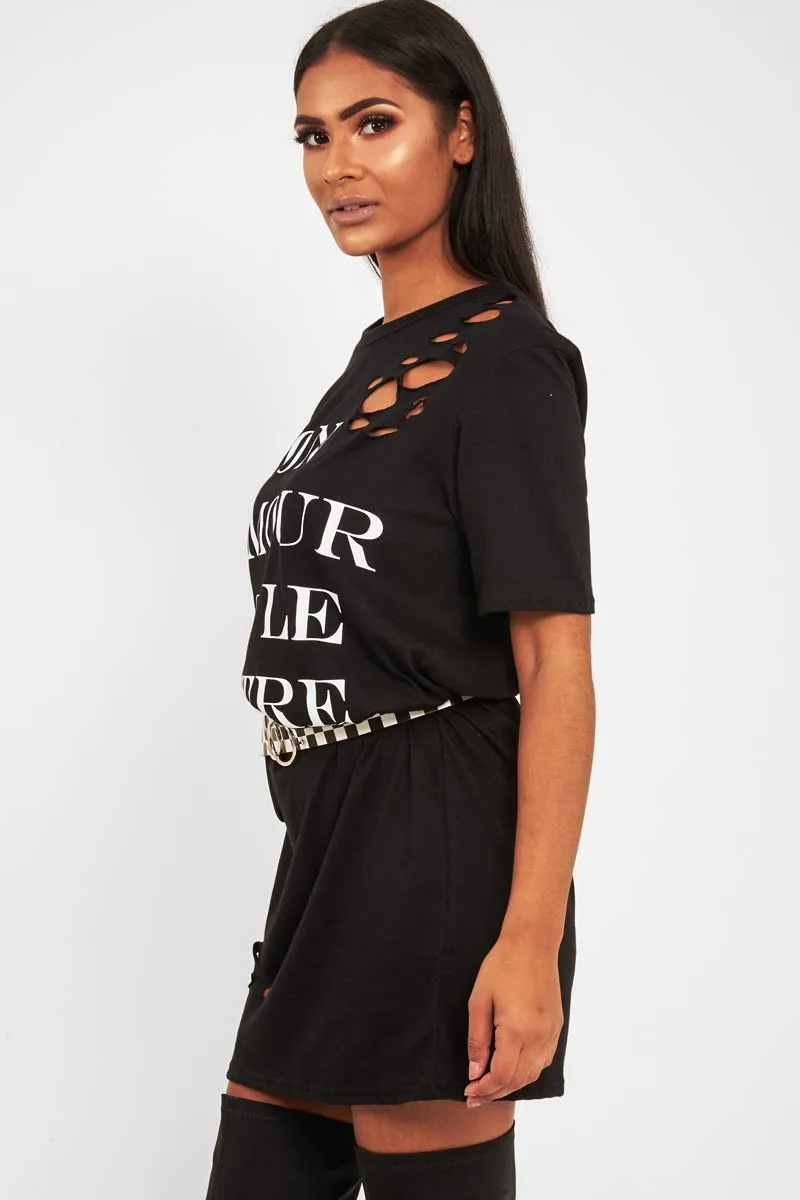 Black Slogan Distressed T-Shirt Dress - Ashlen