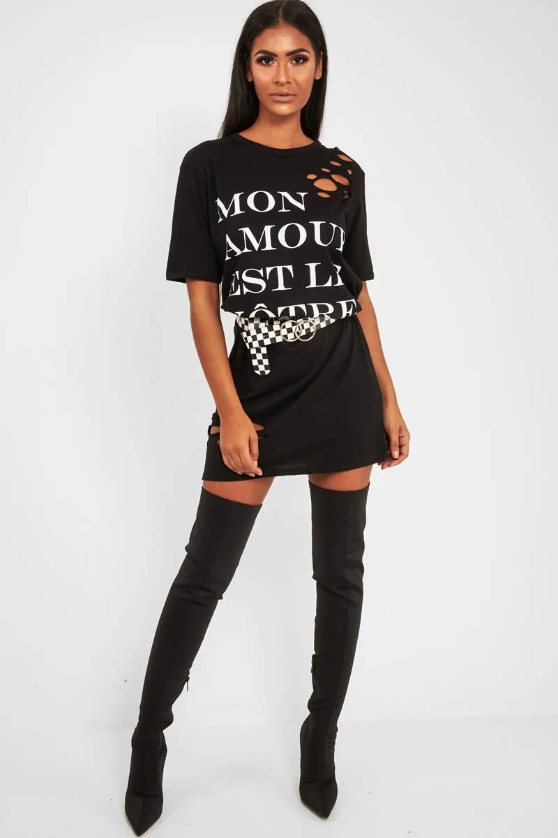 Black Slogan Distressed T-Shirt Dress - Ashlen