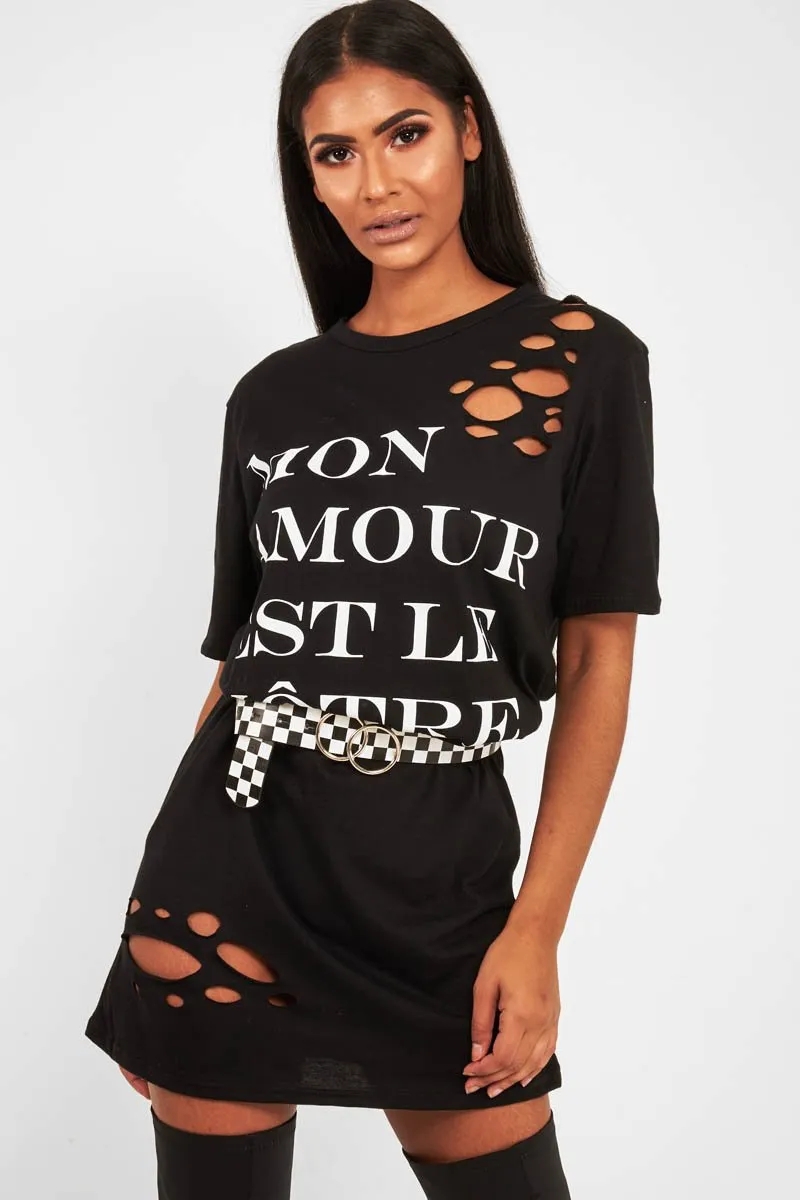 Black Slogan Distressed T-Shirt Dress - Ashlen