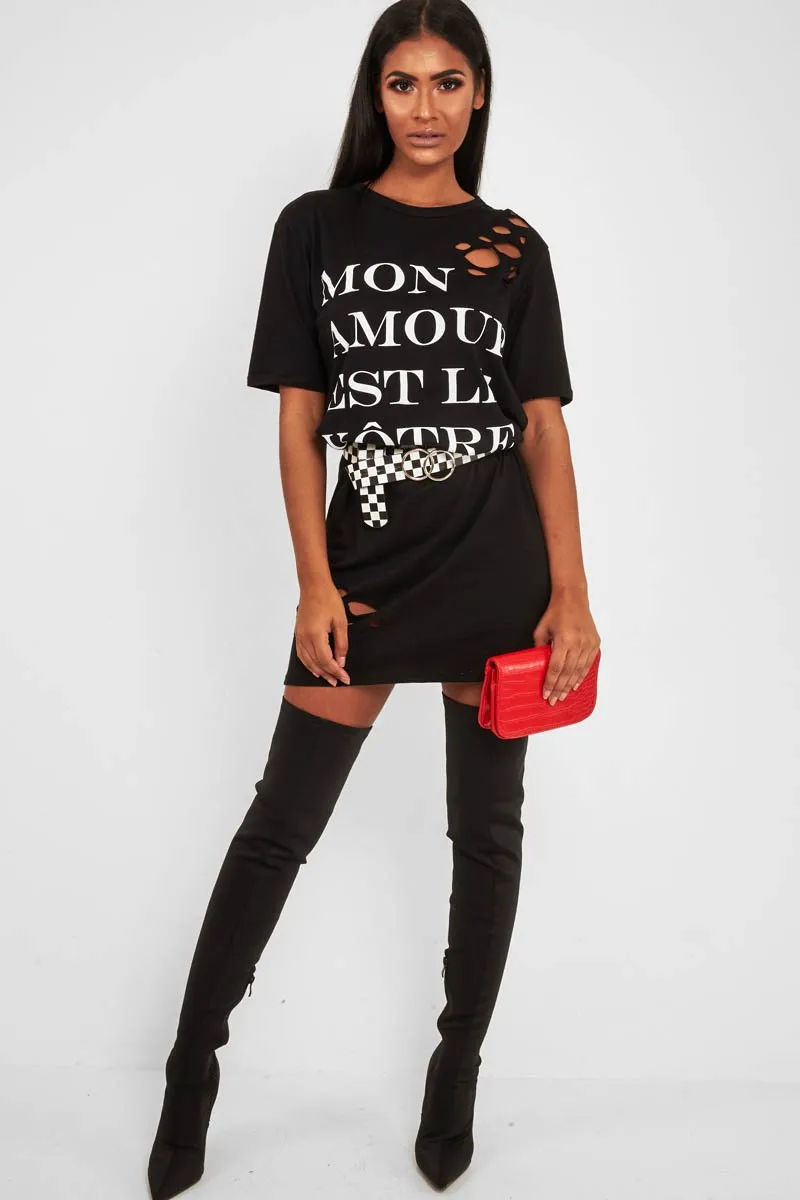 Black Slogan Distressed T-Shirt Dress - Ashlen