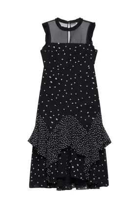 Black Spot Print Ruffle Maxi Dress