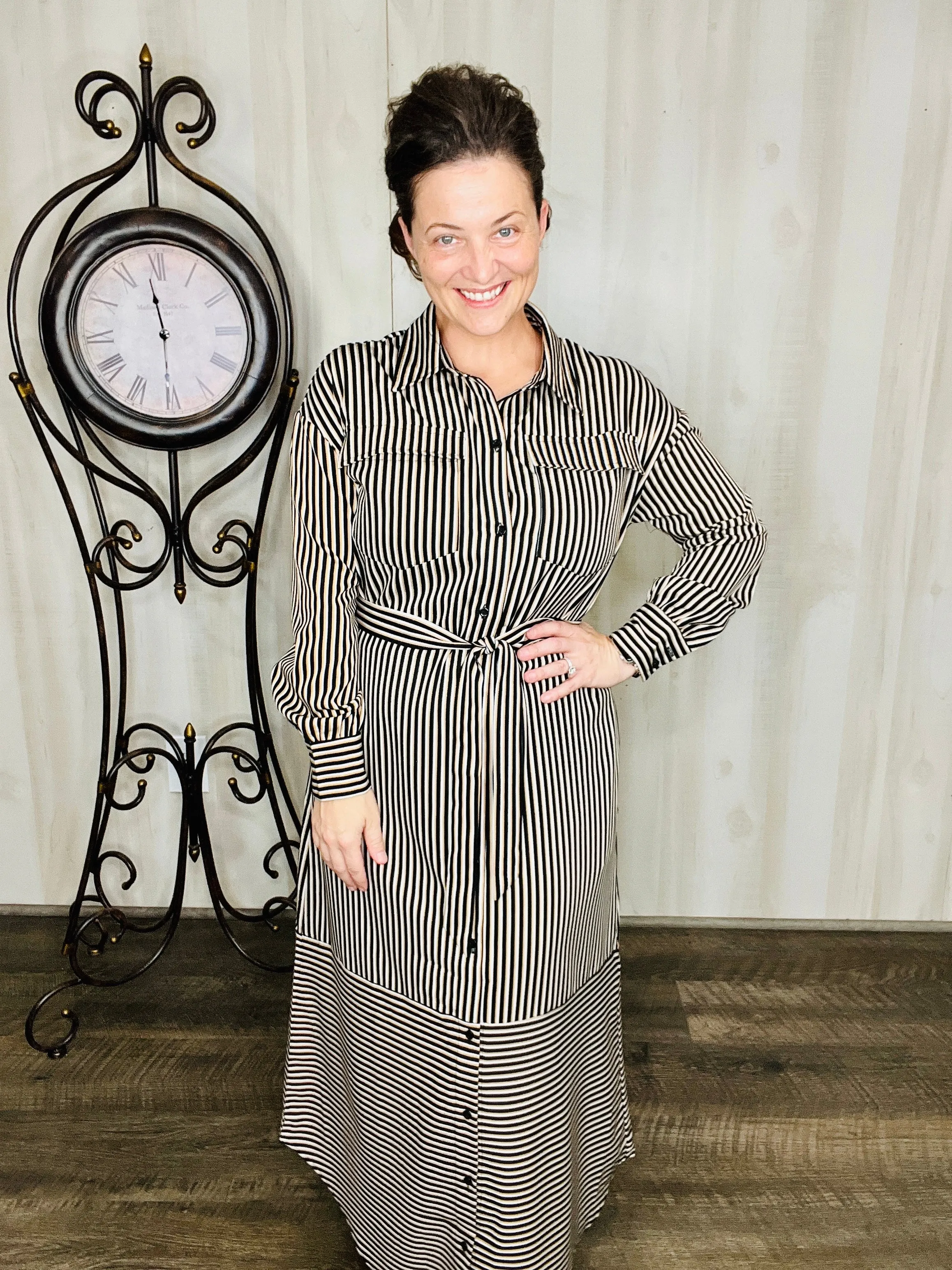 Black Stripe & Belted Shirt Dress