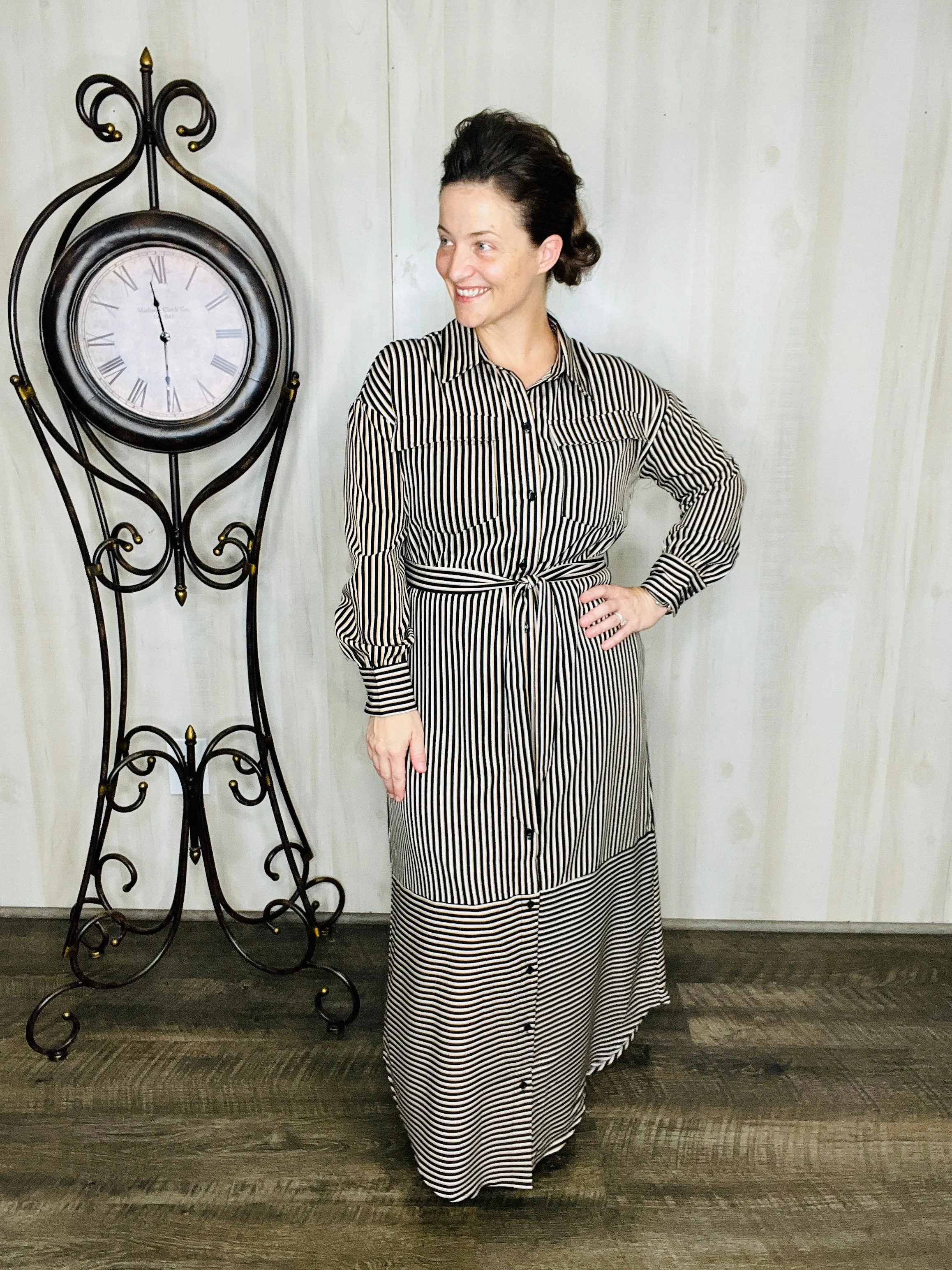 Black Stripe & Belted Shirt Dress