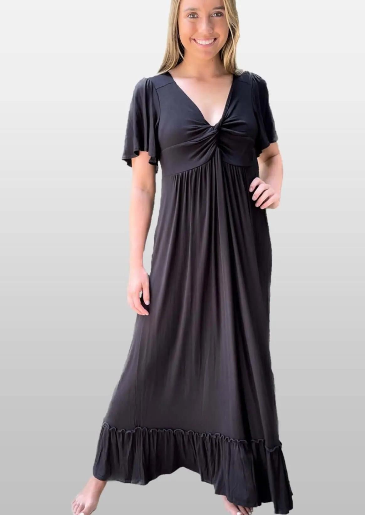 Black V-Neck Maxi Dress With Flutter Sleeves Made in USA