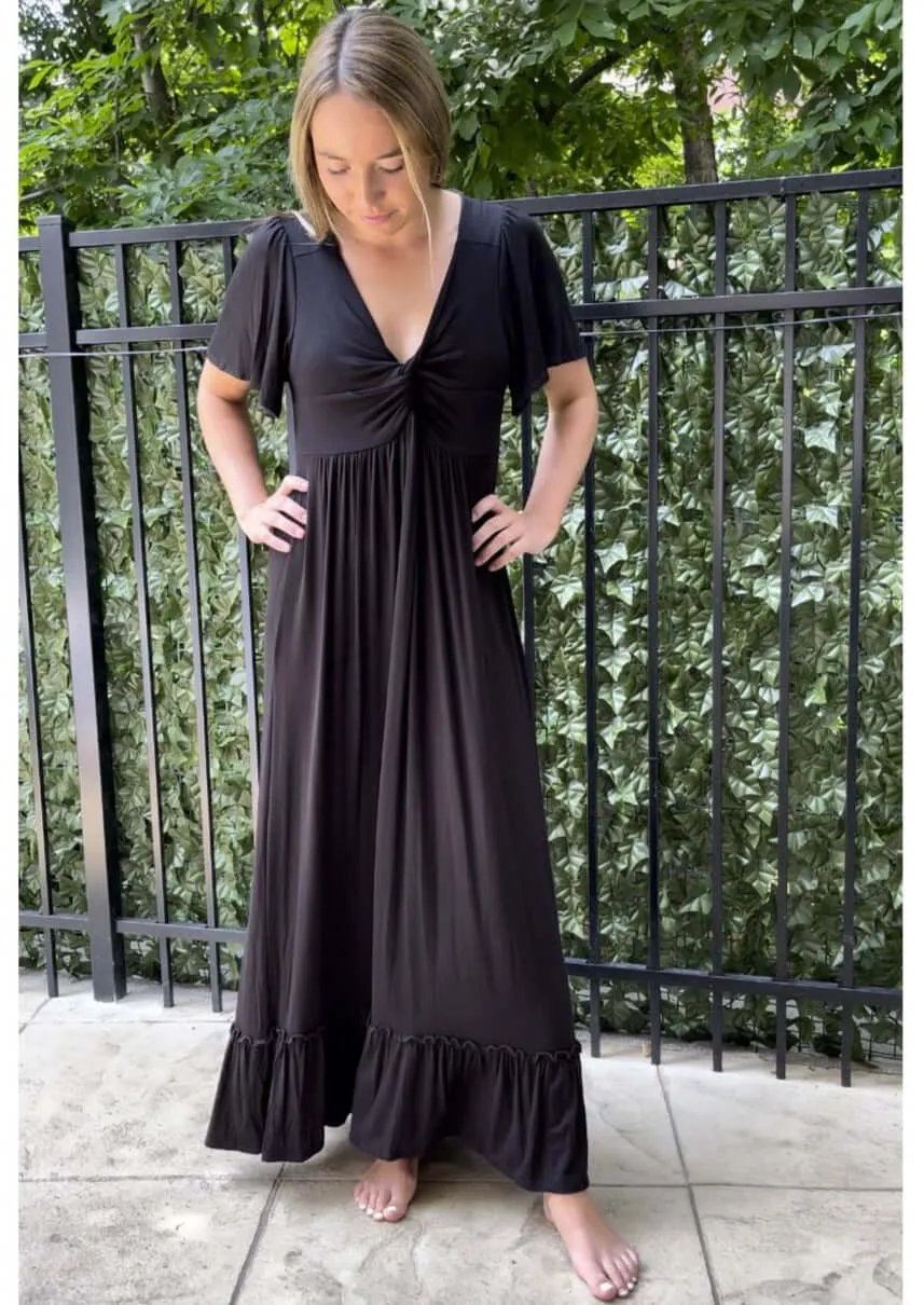 Black V-Neck Maxi Dress With Flutter Sleeves Made in USA