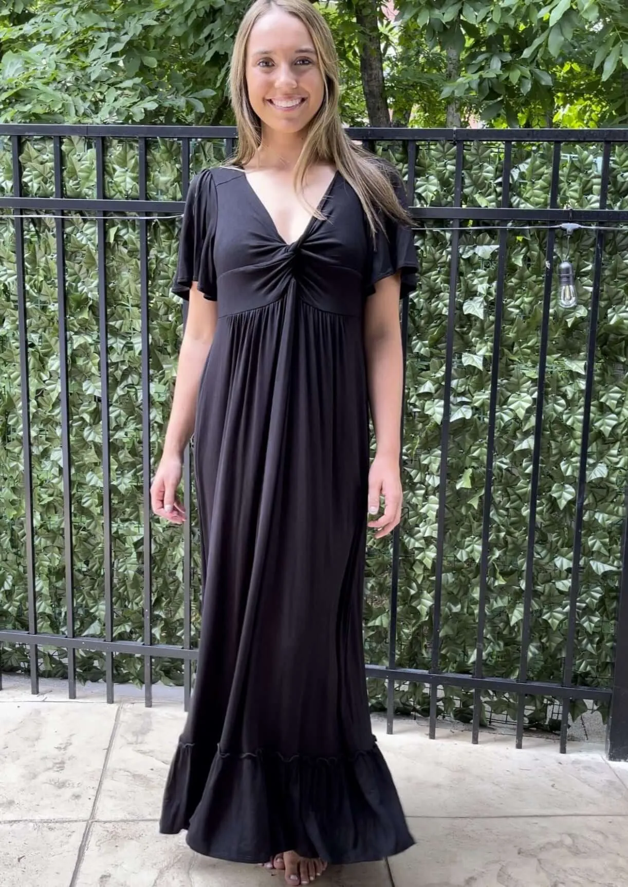 Black V-Neck Maxi Dress With Flutter Sleeves Made in USA