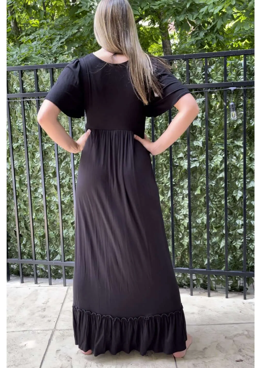 Black V-Neck Maxi Dress With Flutter Sleeves Made in USA