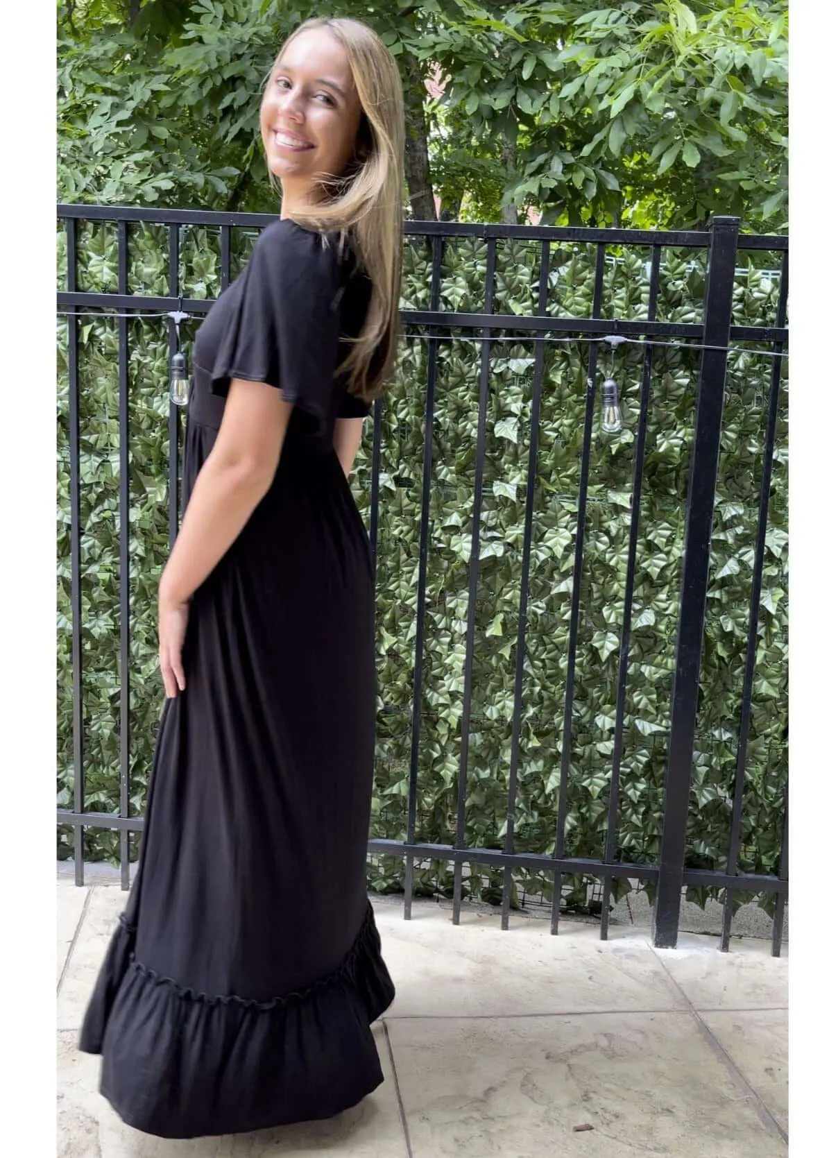 Black V-Neck Maxi Dress With Flutter Sleeves Made in USA