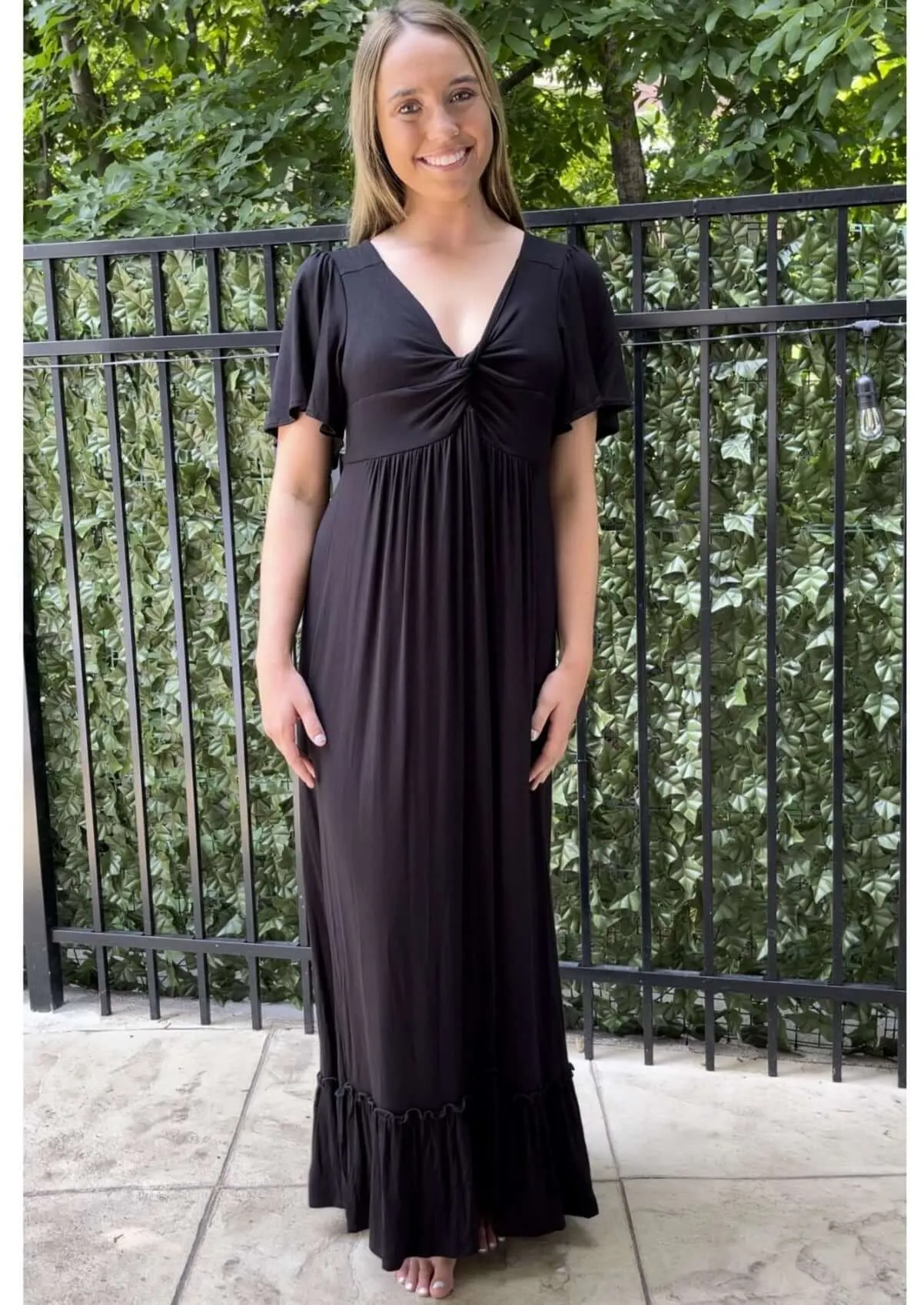 Black V-Neck Maxi Dress With Flutter Sleeves Made in USA