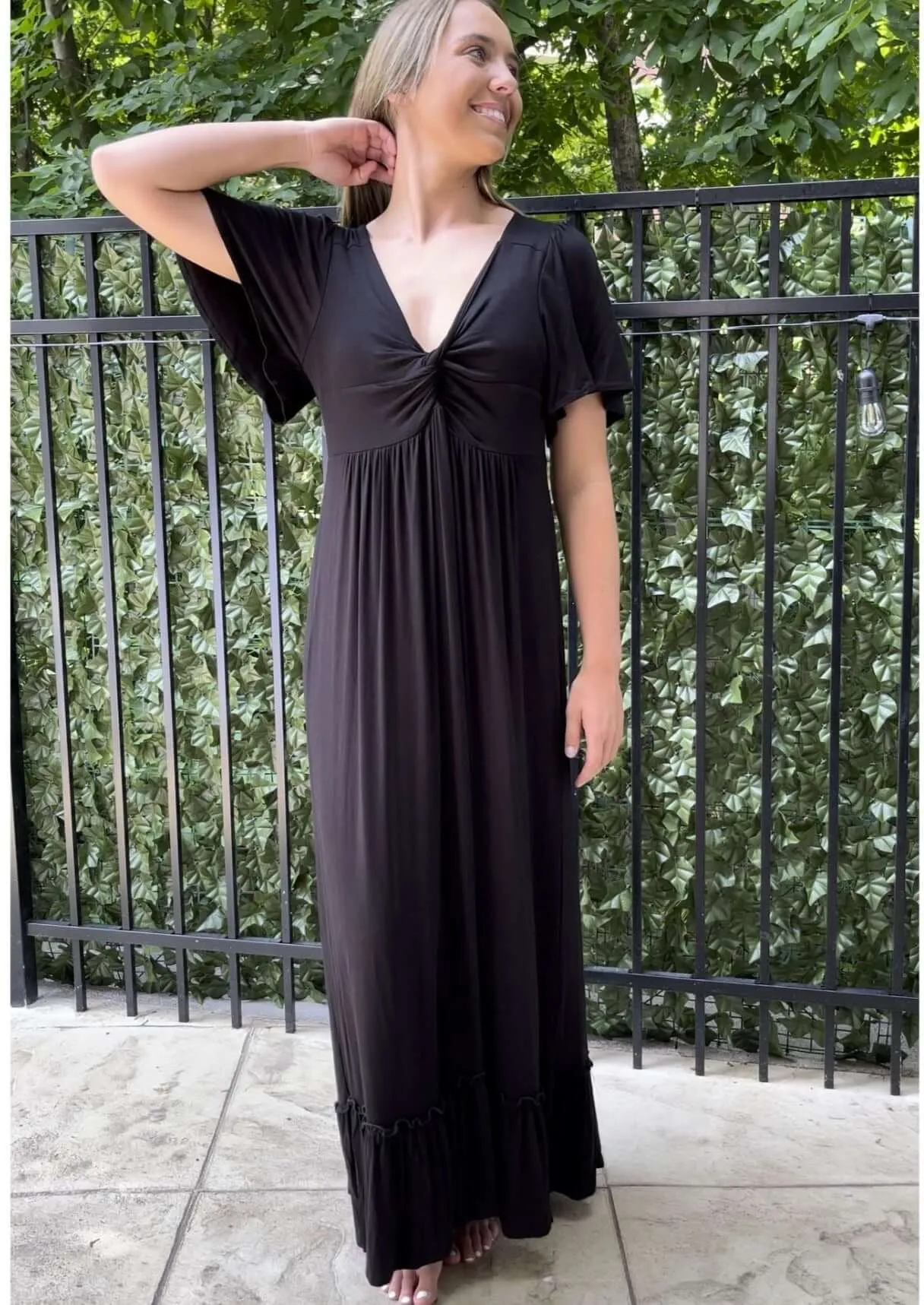 Black V-Neck Maxi Dress With Flutter Sleeves Made in USA